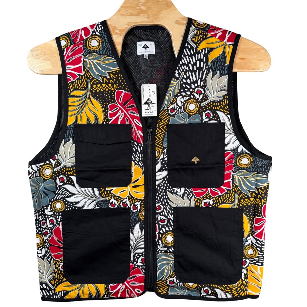LRG Tropical Utility Vest Men XL Black Multi Leaf Print Mesh Lined Full Zip New